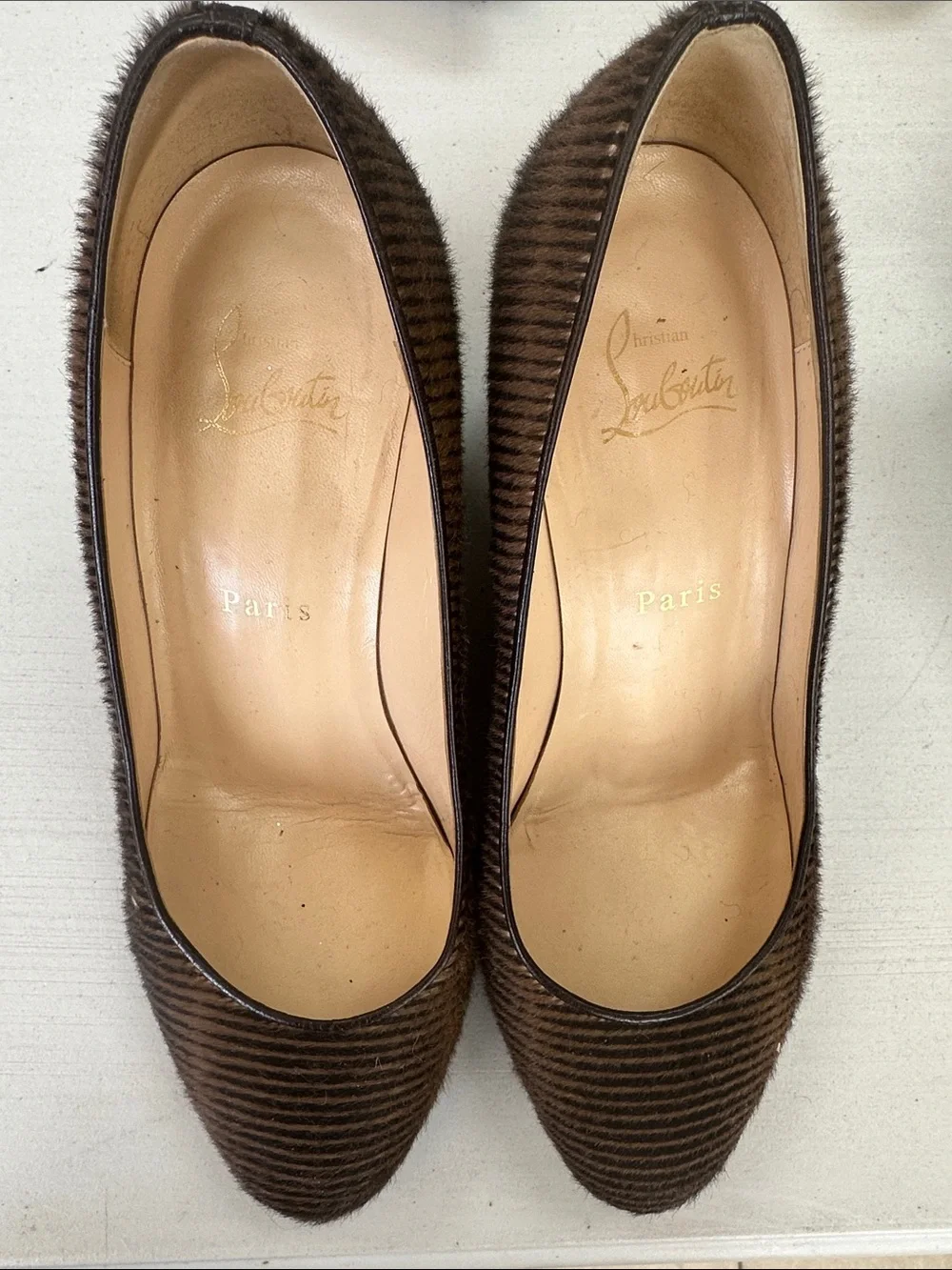 Christian Louboutin Brown Textured Pointed-Toe Pumps with Subtle Stripes
